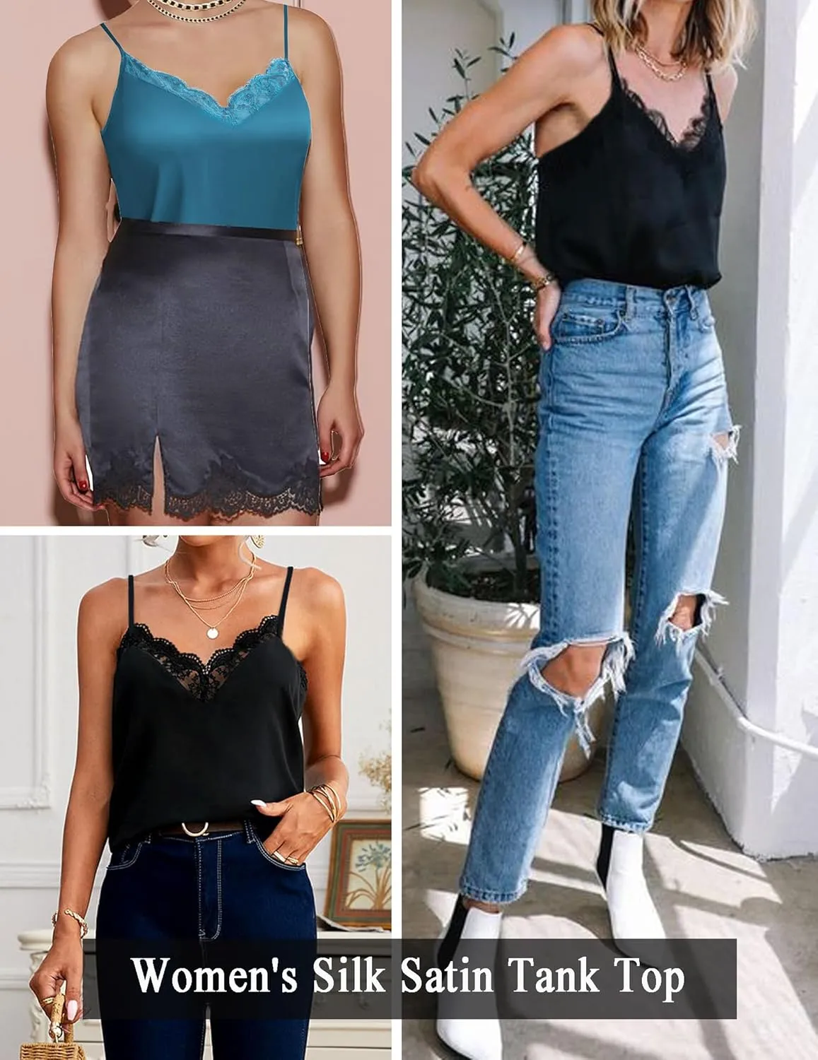 Zeagoo Camisole Tops for Women Slik Satin Spaghetti Strap Tank Top Lace V Neck Cami 2 PCS