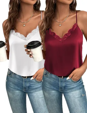 Zeagoo Camisole Tops for Women Slik Satin Spaghetti Strap Tank Top Lace V Neck Cami 2 PCS
