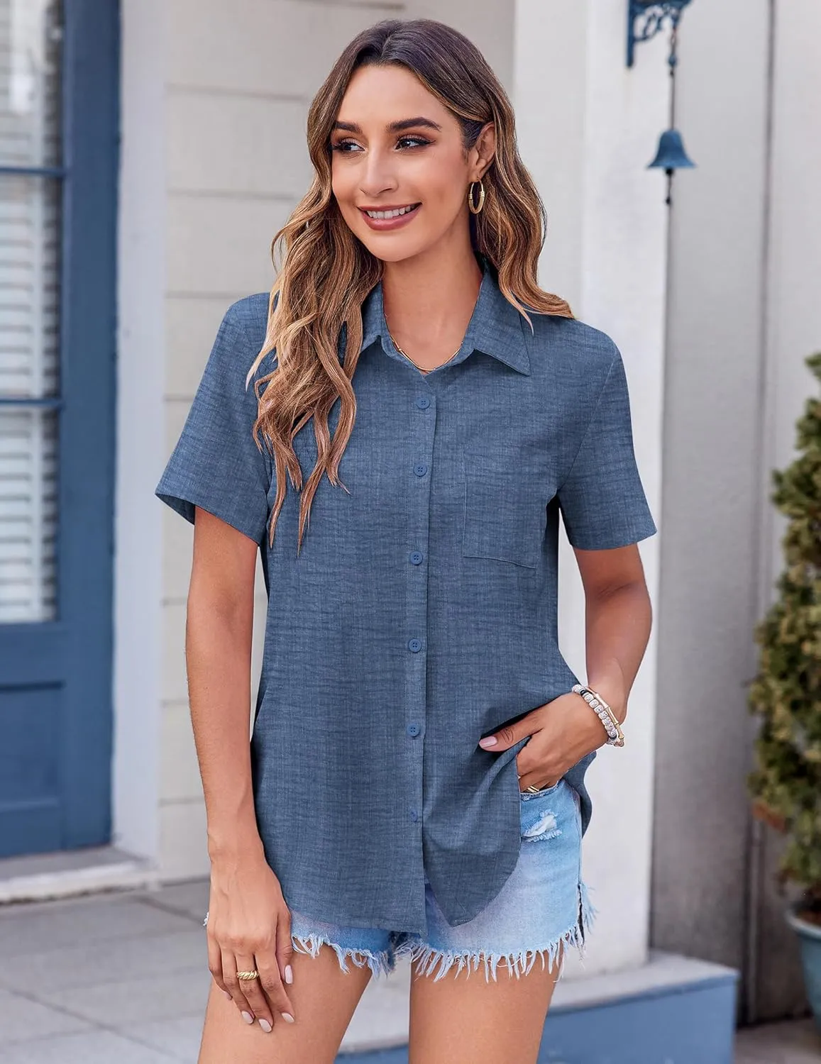Zeagoo Womens Button Down Shirt Bust Pocket Short Sleeve Blouses Business Casual Work Tops Summer Outfits