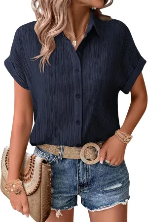 Zeagoo Womens Button Down Shirts Casual Short Sleeve Dress Shirt Textured Collared Summer Work Blouse